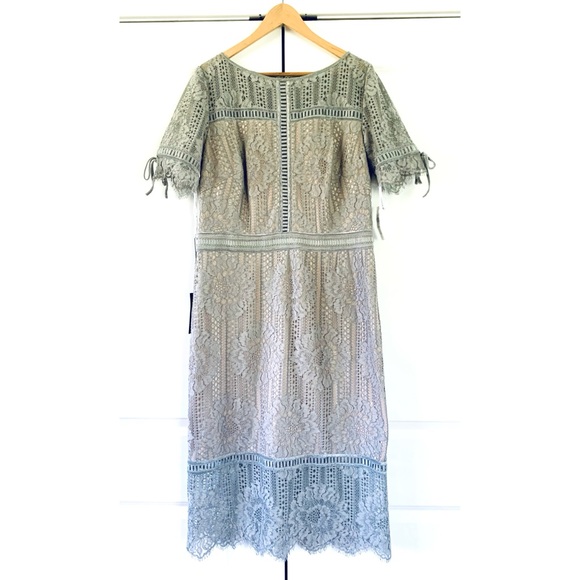 Tadashi Shoji Dress Lace Midi Suma Cocktail Sheath Gray Short Sleeved Size 14